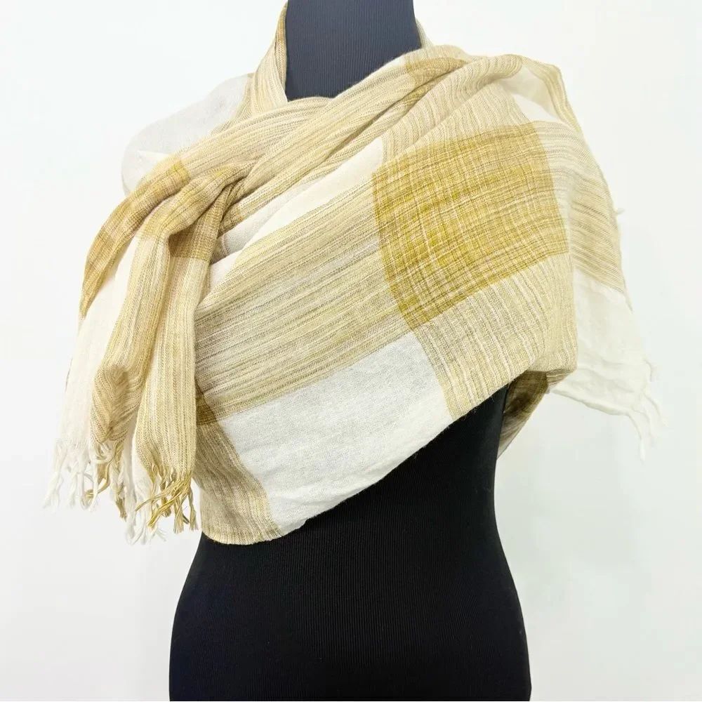 Coldwater Creek MELANGE Cream Yellow Plaid 100% Wool Lightweight Wrap Scarf